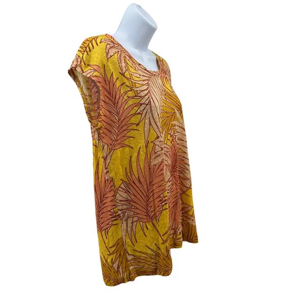 Tahari Luxe Linen Top WMNS M Orange Yellow Tropical Print Back Button Sleeveless - Picture 2 of 8